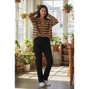 Line and Dot Striped Ribbed Knit Henley Sweater XS Oversized Brown